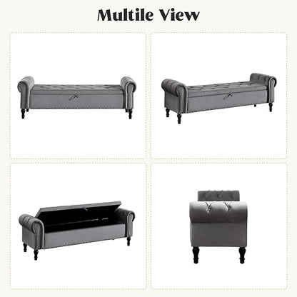 Velvet Storage Bench 67 Inch Upholstered Tufted Ottoman Bench with Rolled Arms Large Storage Space King Size End of Bed Bench for Bedroom Living Room Entryway Dark Grey