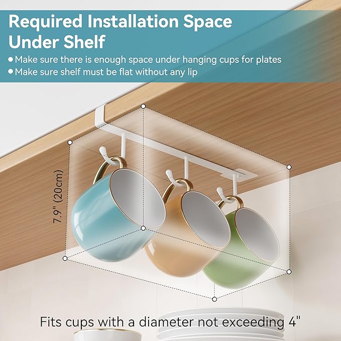 ECROCY Coffee Mug Holder Under Cabinet Only Fits Shelves up to 3/4" Thick, Clip-On Coffee Mug Organizer Pack of 3, No Drilling Free Damage
