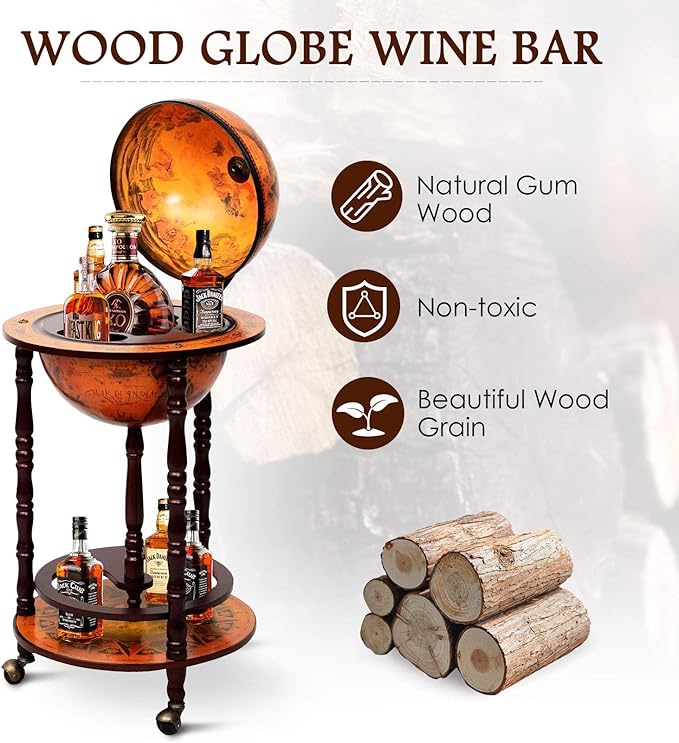 LDAILY 17.5’’ Wood Globe Bar, 16th Century Italian Replica Vintage Bar Cart with Wheels, Wine Cabinet with Liquor Storage, Bottom Shelf & Old World Map, Round Bar Cart for Home (Retro Brown)