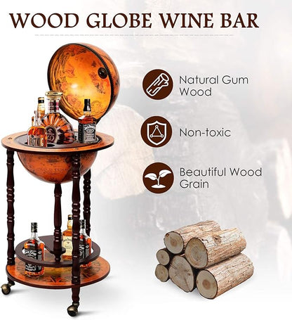 LDAILY 17.5’’ Wood Globe Bar, 16th Century Italian Replica Vintage Bar Cart with Wheels, Wine Cabinet with Liquor Storage, Bottom Shelf & Old World Map, Round Bar Cart for Home (Retro Brown)