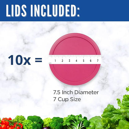 Replacement Lids fits Pyrex 6 & 7-Cup Glass Food Storage Container Bowls, 7.5-Inch Plastic Round Lids Covers for Pyrex 7402-PC, Airtight & Leakproof (10-Pack, Fuchsia)