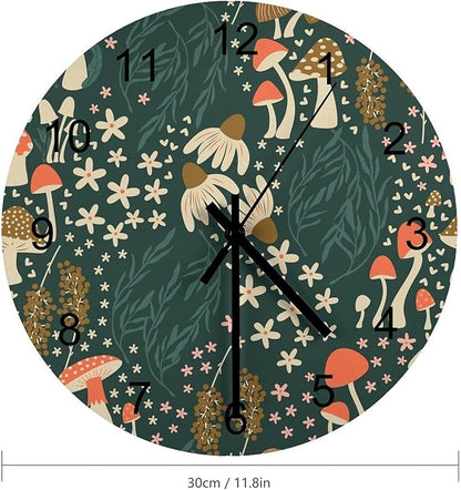 Botanical Wood Wall Clock, Cartoon Green Botanical Floral Leaves Mushroom Plant 12 Inch Silent Non-Ticking Battery Operated Round Clock for Bedroom Living Room Office Kitchen Decor