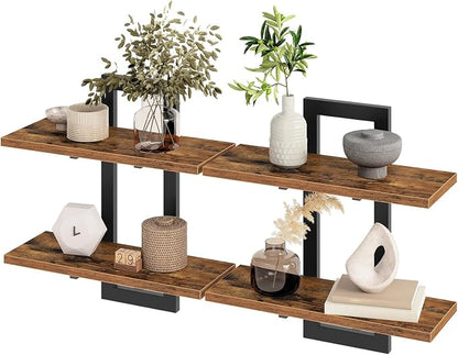 HOOBRO Floating Shelves, 15 Inch Wall Shelf Set of 2, Wall Mounted Storage Shelves 2-Tier, Hanging Bathroom Shelves, for Living Room, Bedroom, Bathroom, Kitchen, Rustic Brown and Black BF32BJ01G1