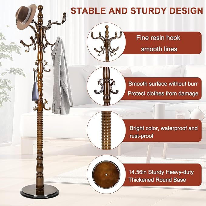 Wooden Coat rack freestanding, Coat racks stand with 14 Hook, Heavy duty coat tree standing 3 Adjustable Heights for Bedroom, Entryway, Hallway, Office,Stury Base (Light brown)
