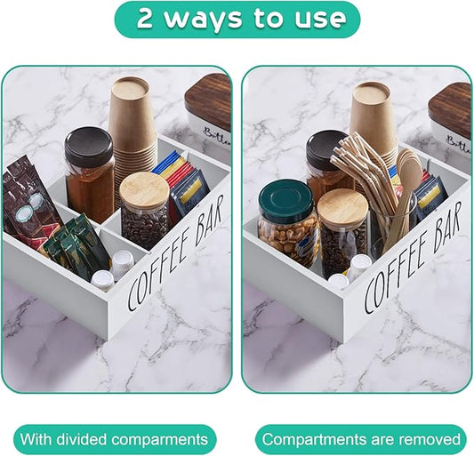 ALELION White Coffee Station Organizer with Removable Dividers – Wooden Coffee Bar Countertop Organizer for Pods, Stirrers, Sugar Packets & Lids, Kitchen, Office, Café Use