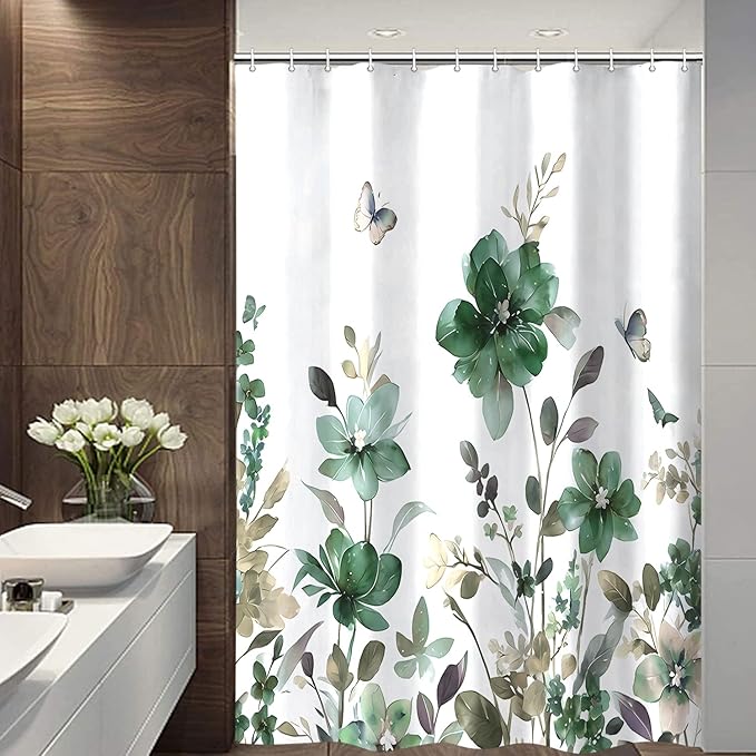 Green Floral Shower Curtain, Green Lavender Floral Butterfly Boho Shower Curtains for Bathroom, Farmhous Flower Cute Fabric Shower Curtain Set with 12PCS Hooks, 70X70IN