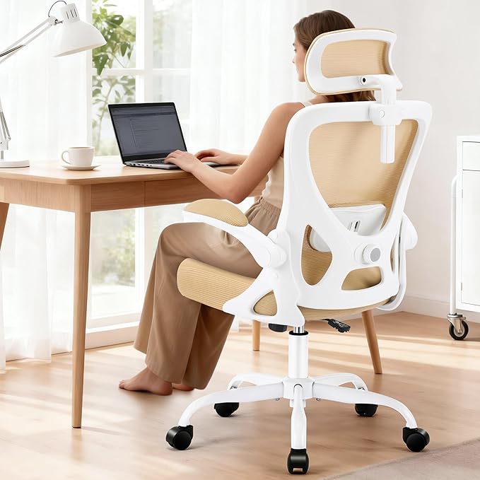 Office Chair - Ergonomic Desk Chair Breathable Mesh Chair with 2D Headrest & Adjustable Lumbar Support - Executive High Back Rolling Swivel Computer Gaming Chair with Wheels Flip-up Armrests