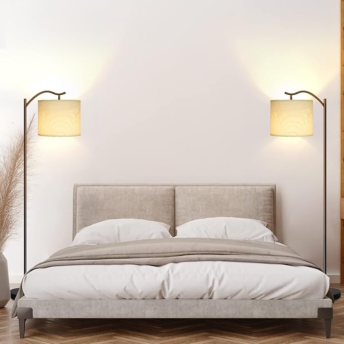 BoostArea Modern LED Arched Floor Lamp with Natural Linen Shade, 3 Brightness Levels, E26 Socket, Footswitch, 63-inch Tall, White