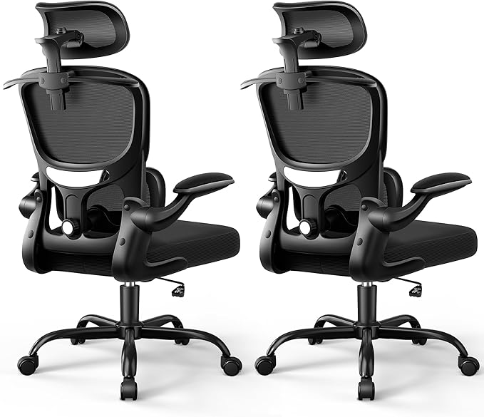 Ergonomic Office Chair, Mesh Desk Chair with Lumbar Support, High Back Home Office Chair with Adjustable Headrest and Flip-Up Arms, Comfortable Computer Chair, Thick Cushion, Black-2 Pack