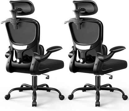 Ergonomic Office Chair, Mesh Desk Chair with Lumbar Support, High Back Home Office Chair with Adjustable Headrest and Flip-Up Arms, Comfortable Computer Chair, Thick Cushion, Black-2 Pack