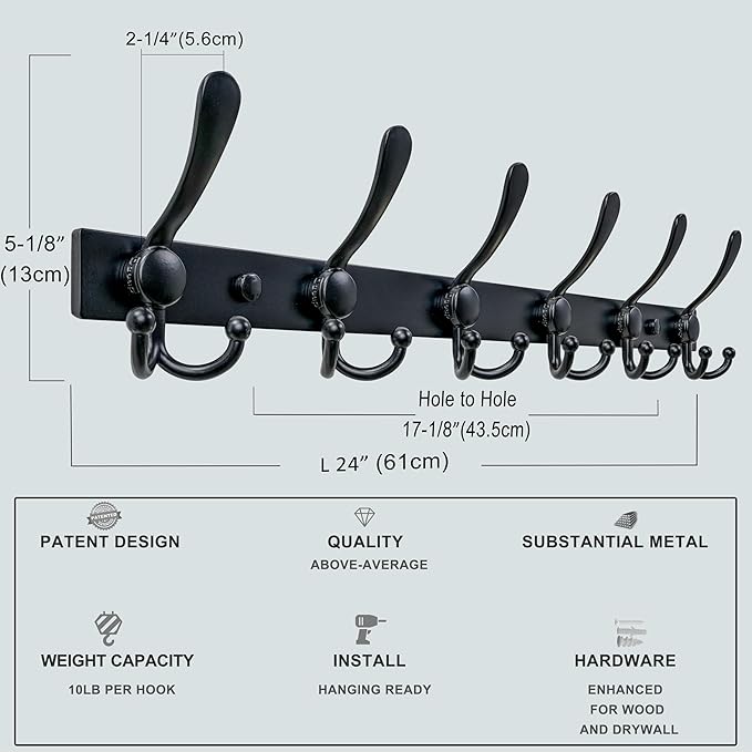 Dseap Coat Rack Wall Mount 2.0 Pro: 24” Long, 3X Tougher, Heavy Duty Stainless Steel Wall Coat Hanger with 6 Tri Hooks for Clothes Jackets Hats Entryway Closet, Black, Pack of 2