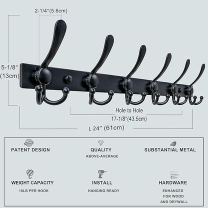 Dseap Coat Rack Wall Mount 2.0 Pro: 24” Long, 3X Tougher, Heavy Duty Stainless Steel Wall Coat Hanger with 6 Tri Hooks for Clothes Jackets Hats Entryway Closet, Black