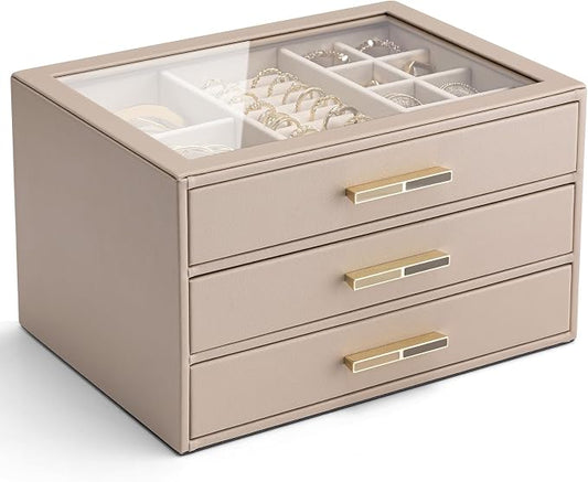VLANDO 3 Layer Jewelry Box for Women, Glass Lid Jewelry Organizer with 3 Drawers for Necklaces Rings Earrings Bracelets - Toffee