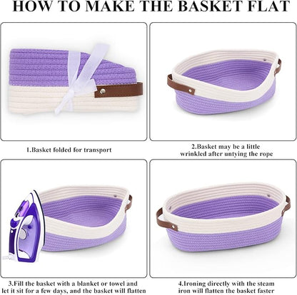Bathroom Countertop Organizer Basket, Cotton Rope Woven Storage Basket Toilet Paper Decorative Basket for Bathroom, Bedroom, Living Room, Entryway 13"x6.3"x4.3" (Off White/Purple)