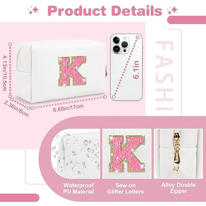 Small Personalized Initial A-Z Patch Makeup Bag,White Cute PU Leather Glitter Letter Cosmetic Bag for Teen Girls,Travel Toiletry Bag with Zipper,Preppy Monogrammed Birthday Gift for Daughter Niece K