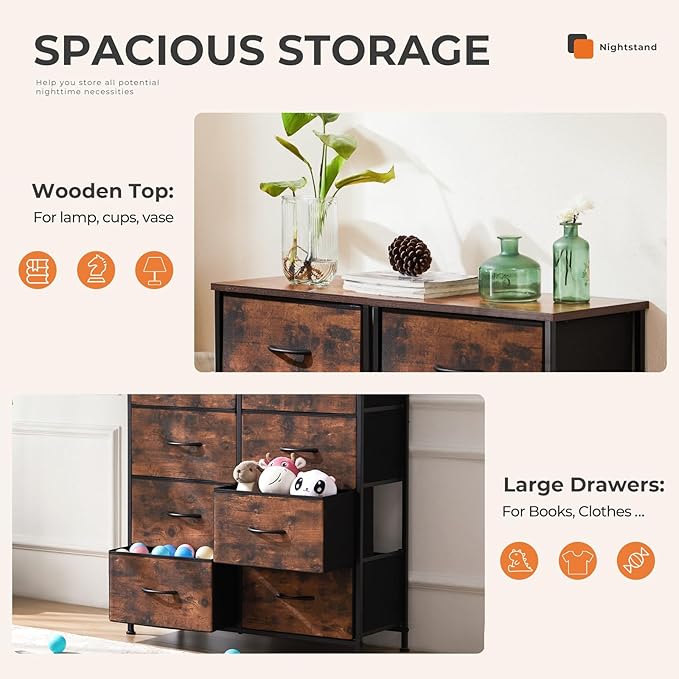 Sweetcrispy Dresser for Bedroom with 8 Storage Drawers, Large Fabric Storage Tower Organizer, Chest of Drawers with Metal Frame Wooden Top for Closet, Living Room, Entryway, Tank