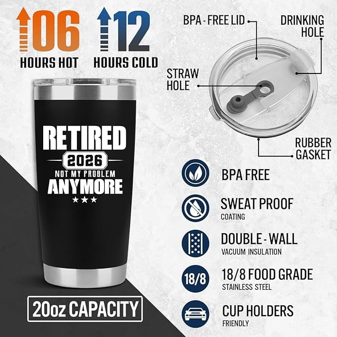 Retirement Gifts for Men 2026 - Retired Not My Problem Anymore - Funny Retired Tumbler for Men, Him, Father, Husband, Coworkers - Happy Retirement Gifts, Black Tumbler 20 Oz