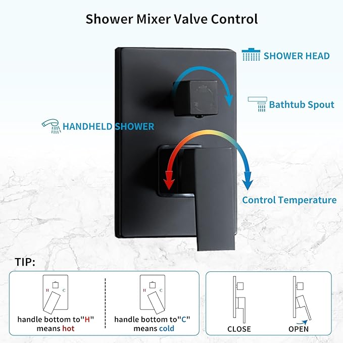 Matte Black Faucet Set Shower Head with Tub Spout and Handle System Square Wall Mount for Bathroom
