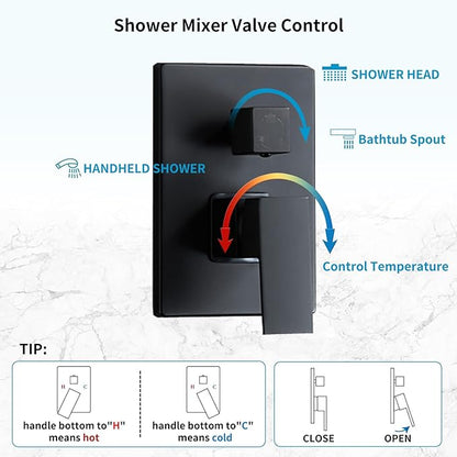 Matte Black Faucet Set Shower Head with Tub Spout and Handle System Square Wall Mount for Bathroom