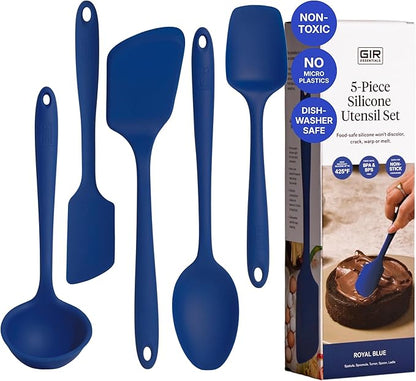 GIR 5-Piece Silicone Kitchen Utensils Set, Non-Toxic Cooking Utensils for Cooking and Baking, Heat Resistant, Food Grade, Dishwasher Safe Rubber Spatula, Ladle, Spoon - Royal Blue