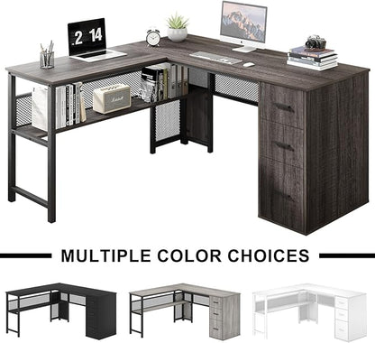 LVB L Shaped Desk, Wood Metal Computer Desk with Drawer, Industrial Corner Home Office Desk with Storage Cabinet for Bedroom, Dark Gray Oak, 59 Inch