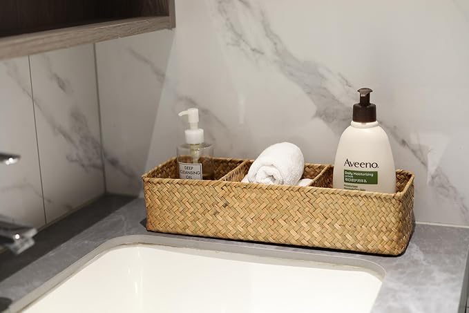 Seagrass Storage Basket Woven Shelf Baskets for Bathroom Vanity Dresser Organizer 14.6inch x 4.7inch x 3.1inch