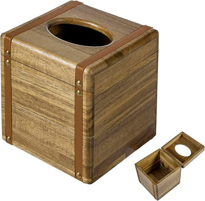 MyGift Premium Acacia Solid Wood Tissue Box Cover, Mid Century Style Square Bathroom Facial Tissue Box Dispenser Holder with Decorative Vintage Leatherette Straps