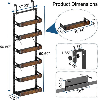 BUKFEN 6-Tier Over the Door Pantry Organizer, 2-in-1 Door Hanging or Wall Mounted Spice Rack with Adjustable Wooden Baskets, Heavy Duty Metal Storage Shelf, 12 Hooks for Kitchen, Bathroom, Closet