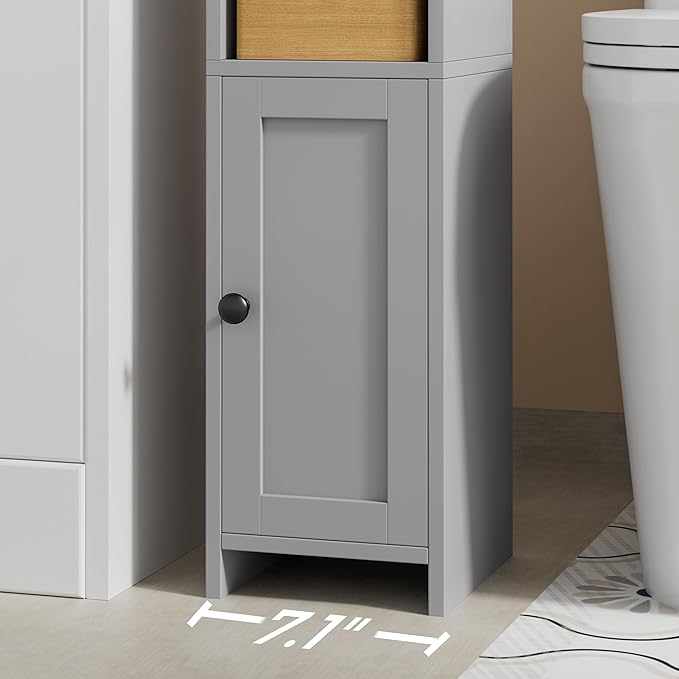 Homhedy Small Bathroom Storage Corner Floor Cabinet with Door and Shelves, Beside The Toilet Paper Stand for Skinny, Narrow Toilet Paper Cabinet, 7.9" D x 7.1" W x 31" H, Gray