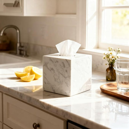 N NANSHOP Natural Marble Tissue Box Holder Cover, Square Cube Tissue Box Holder with Open Bottom for Bathroom Vanity Tops, Bedroom Dressers, Kitchen Countertop, White Tissue Box(NS021)