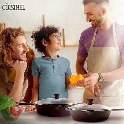 Cuisinel Cast Iron Skillet Set - 10" + 12" Frying Pan + Glass Lids + 2 Handle Cover Grips - Pre-Seasoned Oven Cookware - Indoor/Outdoor Use - Grill, Stovetop, Induction, Camping. PFAS and PFOA-free