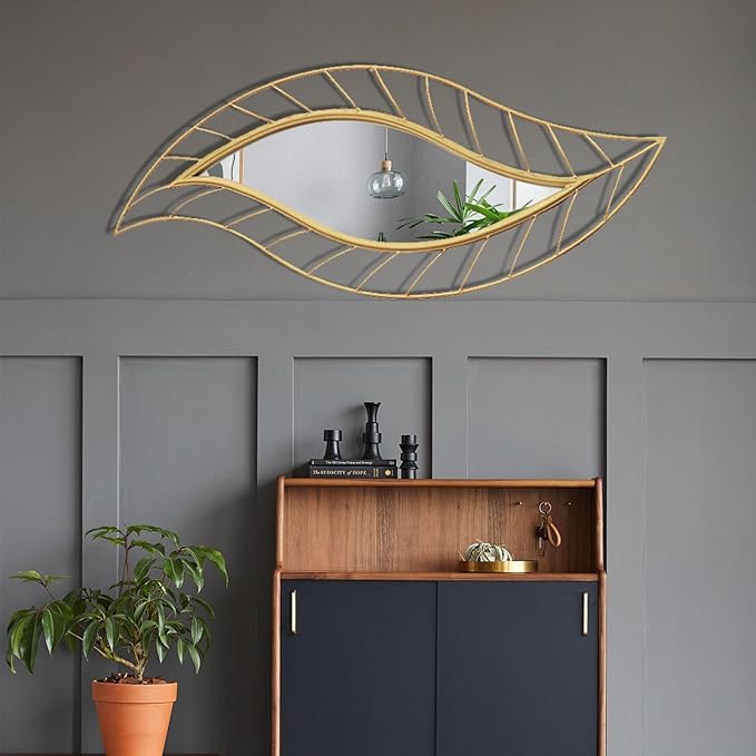 ironsmithn Leaf Teardrop Mirror, Gold Decorative Wall Mirror with Metal Frame, 45" x 18.5" Wall Mounted Mirrors for Bathroom Vanity Living Room Bedroom Fireplace