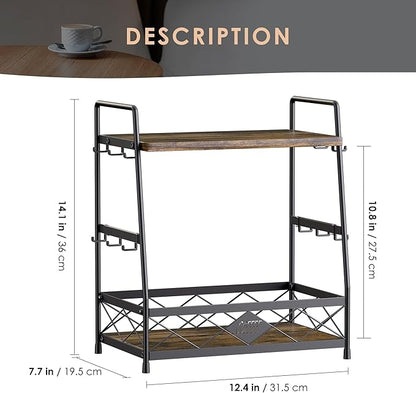 LOTEYIKE 2 Tier Coffee Cup Holder for Countertop, Coffee Mug Organizer with 12 Hook, Coffee Mug Holder, Metal Coffee Mug Shelf for Coffee Bar Kitchen, Black