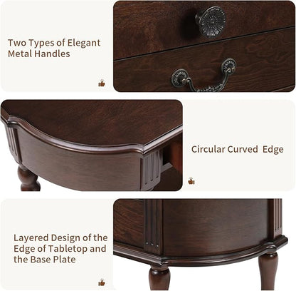 HMFULE Solid Wood Retro Curved Console Table, 43" Half Moon Console Table Sofa Table Entryway Table with 3 Drawers Open Shelf Pine Roman Legs Curved Corners for Living Room,Entryway,Hallway,Espresso