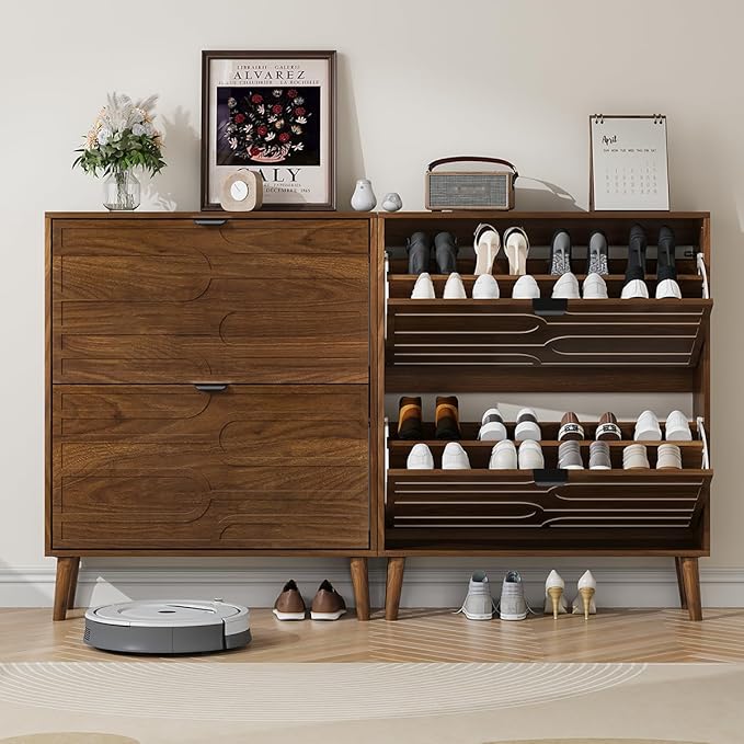 Shoe Cabinet Storage for Entryway with 2 Flip Drawers, Narrow Shoe Cabinet with Black Handles for Entryway, Hidden Slim Shoe Organizer Rack, 31.5" w x 9.45" D x 39" H