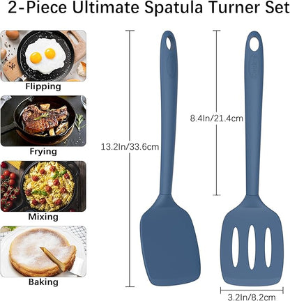 Coukre 2 Pack Silicone Spatula Set, High Heat Resistant, BPA Free Kitchen Spatula, Solid & Slotted Turner for Non-Stick Pans, Sautéing, and Flipping (2, PureDarkBlue)