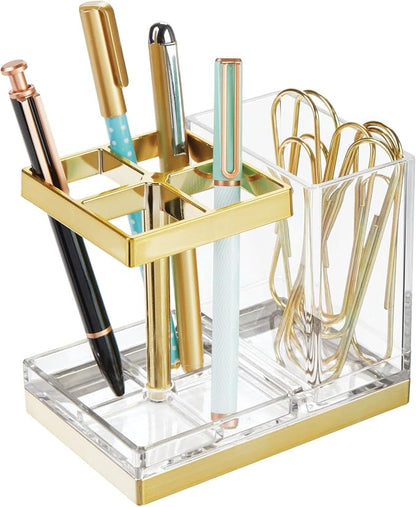 mDesign Plastic Toothbrush and Toothpaste Storage Organizer Holder - Home Decor for Bathroom Countertop - Holds Toiletries and Beauty Accessories - Lumiere Collection - Clear/Soft Brass