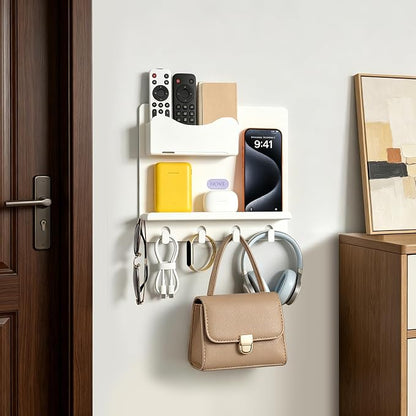 Bedside Shelf Wall Mount, Adhesive Bedside Shelf Accessories Organizer with Hooks and Cable Clips,Dorm Bedside Wall Storage for Phone, Remote, Earphone,Plastic (White)