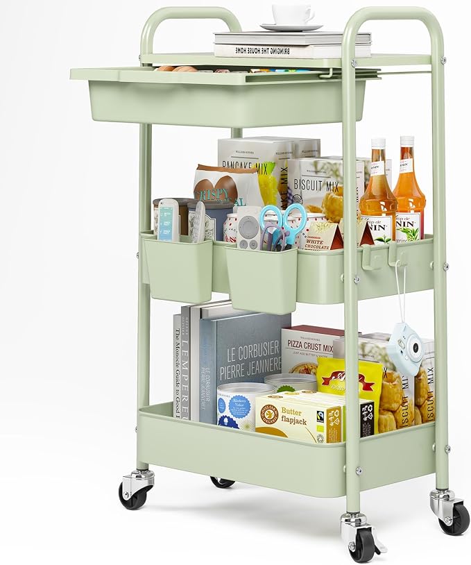 3 Tier Metal Rolling Utility Cart with Drawer & Lockable Wheels - Heavy Duty Multifunctional Storage Organizer with 2 Cups and 4 Hooks for Bathroom, Kitchen, Snack, Craft, Makeup, Baby Essentials