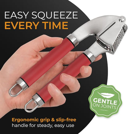 ORBLUE Garlic Press and Peeler Set, Stainless Steel - Professional Grade Mincer, Crusher - Dishwasher Safe & Rust-proof, Red
