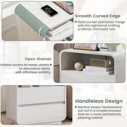 White Nightstand with Charging Station, 25" Tall Wood Bedside Table, Modern End Table with 2 Storage Drawers, Curved Profile, Mid Century Night Stand for Bedroom, Dorm, Sofa, Office