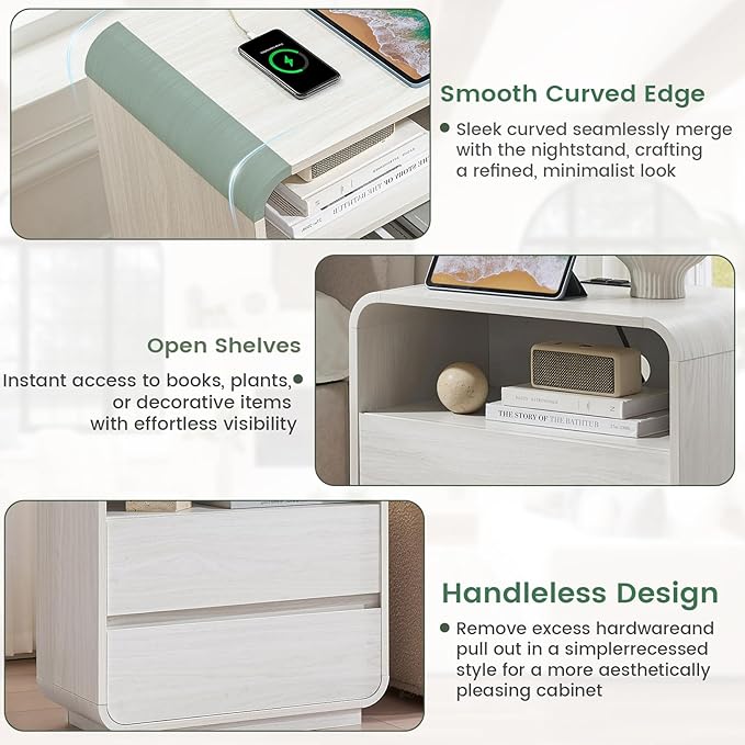Farmhouse White Nightstand with Charging Station, 25" Tall Wood Bedside Table, Modern Night Stand with 2 Storage Drawers, Curved Profile, End Table for Bedroom, Dorm, Sofa, Office