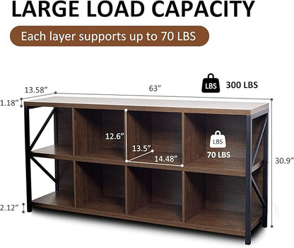 8 Cube Storage Organizer Bookshelf, Industrial Horizontal Bookcase, Accent Cubby Shelf, Media Console Table for Living Room, Home Office, 13.6" D x 63" W x 30.9" H, Brown Walnut