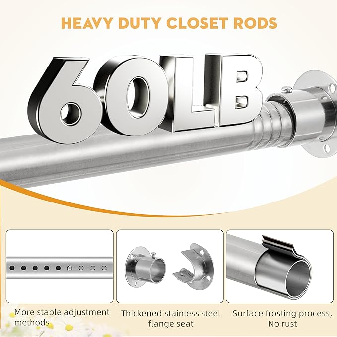 1.3 Inch Diameter Closet Rods for Hanging Clothes 17-64 Inch Adjustable, Metal Heavy Duty Closet Pole, Silver Closet Bar for Hanging Clothes, Suitable for Closet, Wardrobes, Bathroom, Windows