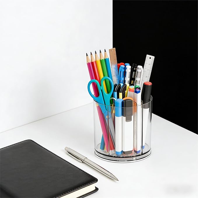 Yieach 360 Rotating Acrylic Clear Pen Holders and Pencil Cups for Desk,Small Cute Desk Organizers Accessories and Makeup Brush Holder,Spinning Pencil Caddy School Supplies Organizer for Teacher,1PCS