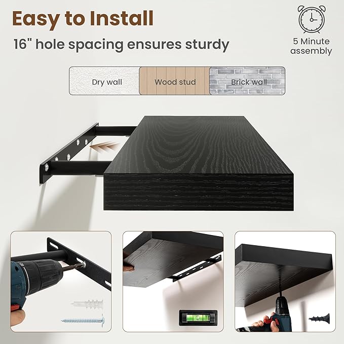 30 Inch Floating Shelves for Wall, 8 Inch Deep Floating Shelf for Storage & Display, Rustic Wall Mounted Shelf with Invisible Brackets for Living Room, Kitchen, Bathroom, Home Decor, Set of 2, Black