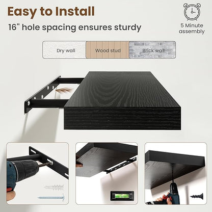 Axeman Square Floating Shelves for Wall, 8" W x 8" D x 1.4" H Rustic Wooden Wall Shelves, 4 Pack Wall Mounted Floating Shelf with Invisible Brackets for Living Room, Bathroom, Kitchen, Black Color