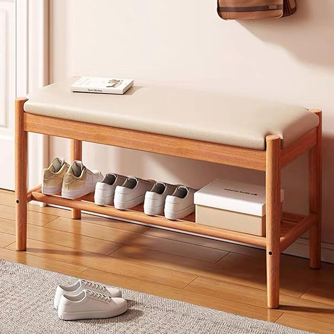 Solid Wood Shoe Bench with Cushion, 2-Tier Shoe Rack for Front Door Entrance, Enterway Benches with Shoe Storage (Walnut, 31.5in)