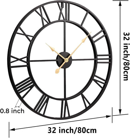 Vantic 32 Inch Large Wall Clock, Roman Numeral Metal Oversized Wall Clocks for Living Room Decor, Bedroom and Kitchen, Completely Silent, Non Ticking, Battery Operated