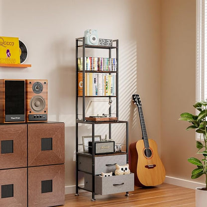 DVD Storage, Mutli 7-Tier DVD Storage Rack and Shelving, DVD Dispaly Shelf, CD Rack Tower for DVDs CDs Book Organizer with Drawers, Media Shelf, Manga Bookshelf for Gaming Media Moive Room